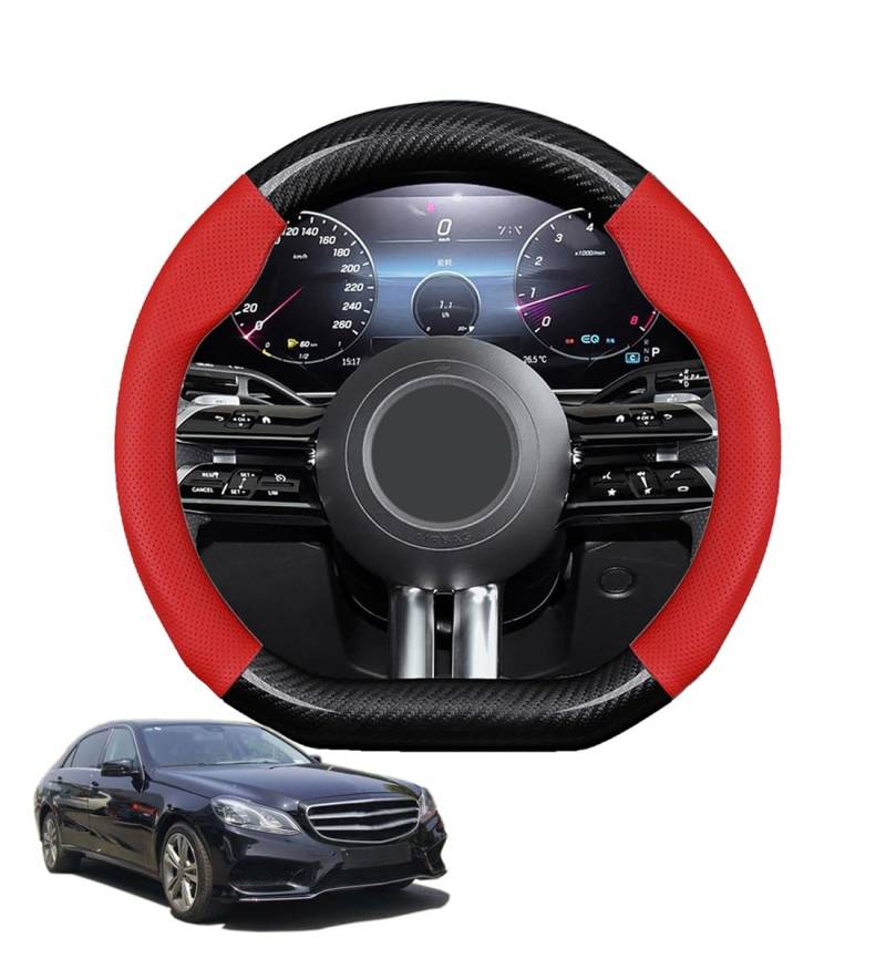 JCPQDWTD Auto Lenkradbezug D-Form für E Class W213 C238 2017-2023 Kohlefaser und Mikrofaser PU Leder Lenkradhülle Atmungsaktiv Anti-Rutsch Sommer Winter Auto Zubehör Interieur(Red) von JCPQDWTD