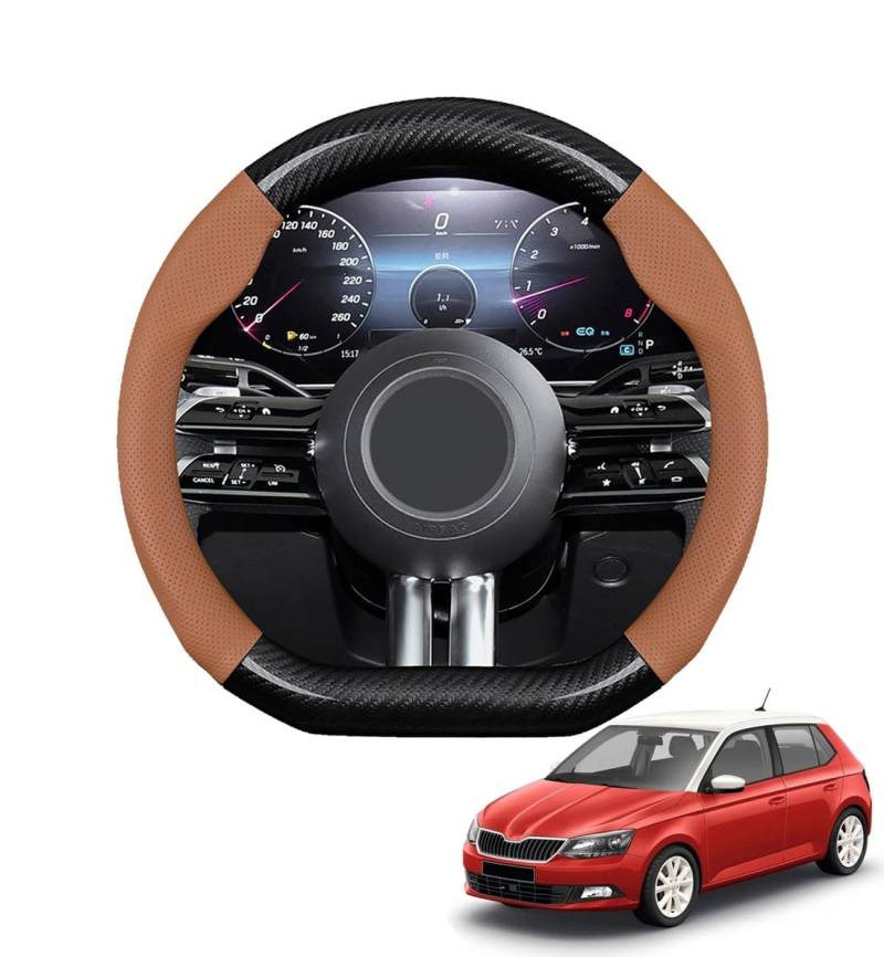 JCPQDWTD Auto Lenkradbezug D-Form für Fabia Mk3 NJ 2015-2020 Kohlefaser und Mikrofaser PU Leder Lenkradhülle Atmungsaktiv Anti-Rutsch Sommer Winter Auto Zubehör Interieur(Light Brown) von JCPQDWTD