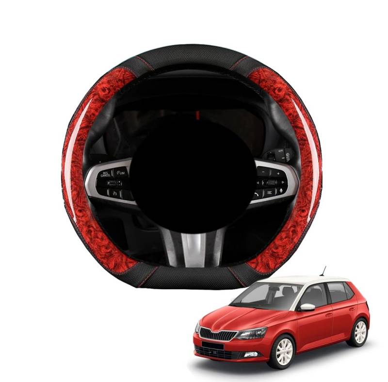 JCPQDWTD Auto Lenkradbezug D-Form für Fabia Mk3 NJ 2015-2020 Pfirsichholz und Mikrofaser PU Leder Lenkradhülle Atmungsaktiv Anti-Rutsch Sommer Winter Auto Zubehör Interieur(Red) von JCPQDWTD