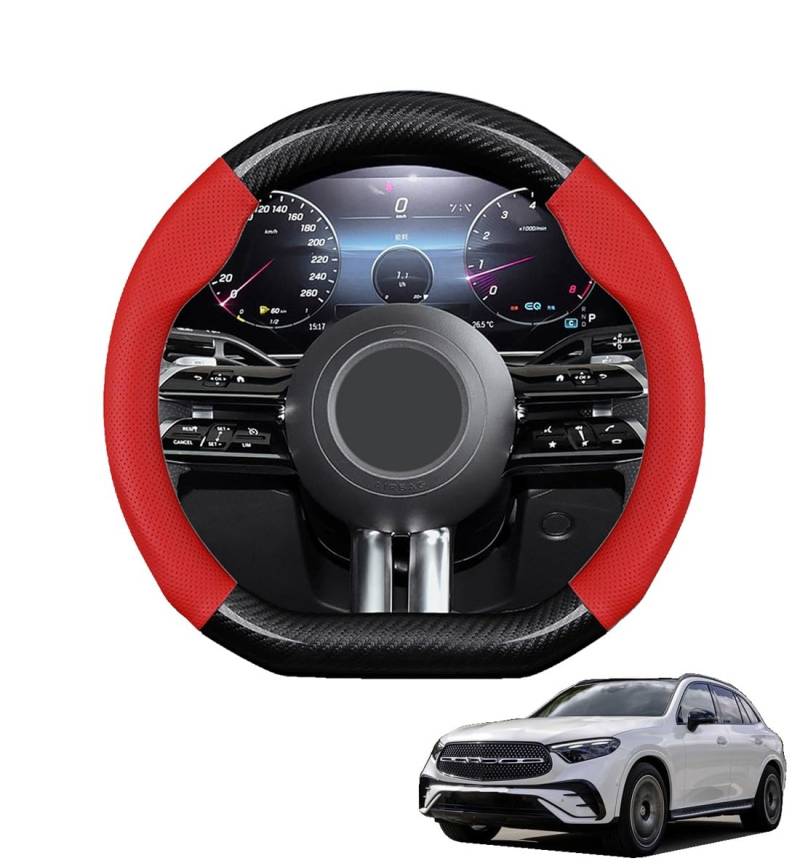 JCPQDWTD Auto Lenkradbezug D-Form für GLC X254 2023 2024 2025 Kohlefaser und Mikrofaser PU Leder Lenkradhülle Atmungsaktiv Anti-Rutsch Sommer Winter Auto Zubehör Interieur(Red) von JCPQDWTD