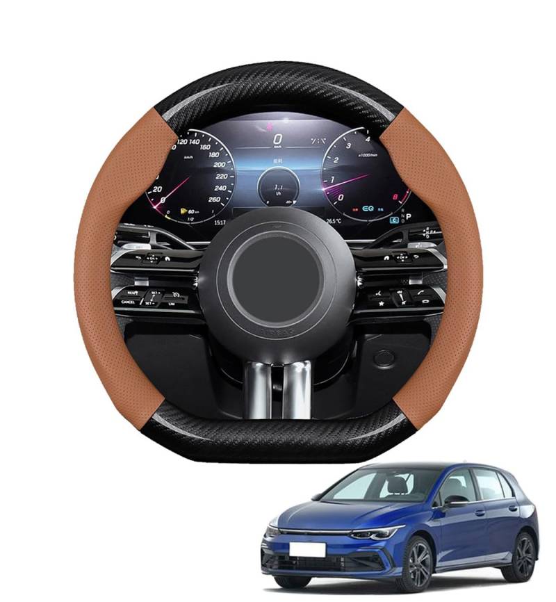JCPQDWTD Auto Lenkradbezug D-Form für Golf 8 Mk8 2020-2024 Kohlefaser und Mikrofaser PU Leder Lenkradhülle Atmungsaktiv Anti-Rutsch Sommer Winter Auto Zubehör Interieur(Light Brown) von JCPQDWTD