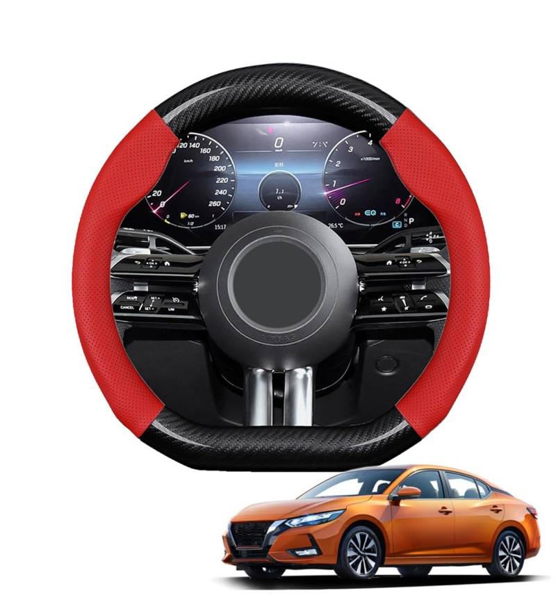 JCPQDWTD Auto Lenkradbezug D-Form für Sentra/Bluebird/Sylphy 2020-2023 Kohlefaser und Mikrofaser PU Leder Lenkradhülle Atmungsaktiv Anti-Rutsch Sommer Winter Auto Zubehör Interieur(Red) von JCPQDWTD