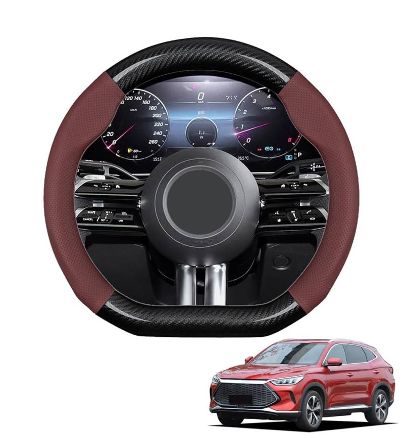 JCPQDWTD Auto Lenkradbezug D-Form für Song Plus 2020+ Kohlefaser und Mikrofaser PU Leder Lenkradhülle Atmungsaktiv Anti-Rutsch Sommer Winter Auto Zubehör Interieur(Wine red) von JCPQDWTD