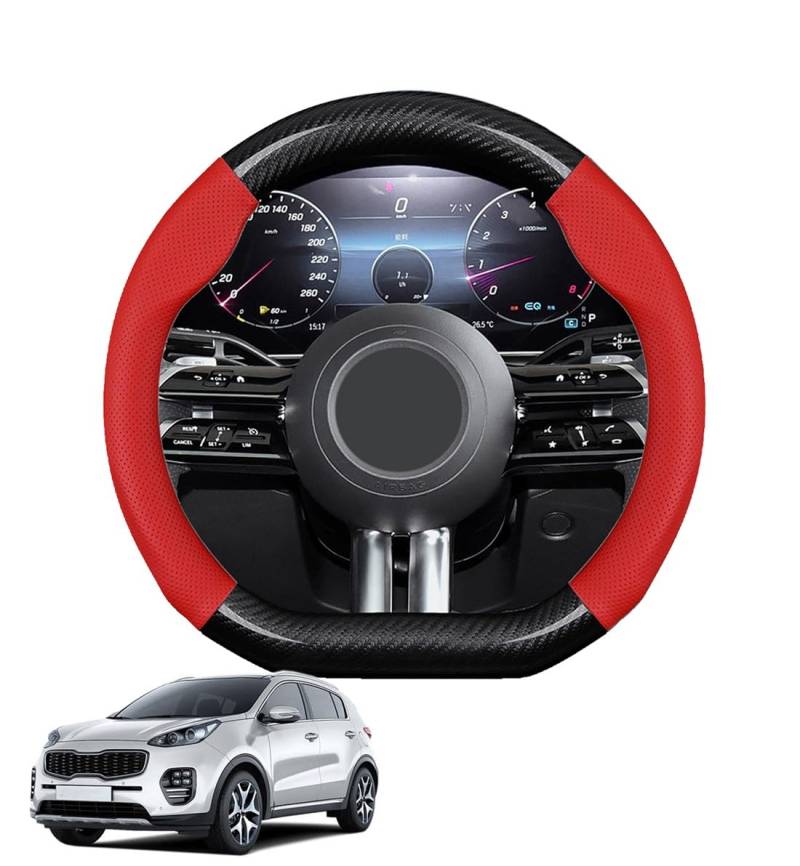 JCPQDWTD Auto Lenkradbezug D-Form für Sportage KX5 QL 2016-2021 Kohlefaser und Mikrofaser PU Leder Lenkradhülle Atmungsaktiv Anti-Rutsch Sommer Winter Auto Zubehör Interieur(Red) von JCPQDWTD