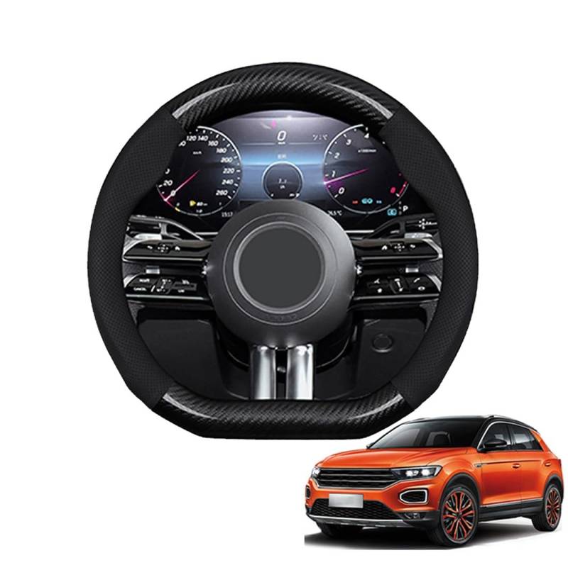 JCPQDWTD Auto Lenkradbezug D-Form für T-ROC 2017-2024 Kohlefaser und Mikrofaser PU Leder Lenkradhülle Atmungsaktiv Anti-Rutsch Sommer Winter Auto Zubehör Interieur(Black) von JCPQDWTD