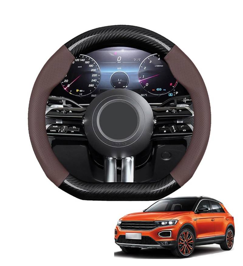 JCPQDWTD Auto Lenkradbezug D-Form für T-ROC 2017-2024 Kohlefaser und Mikrofaser PU Leder Lenkradhülle Atmungsaktiv Anti-Rutsch Sommer Winter Auto Zubehör Interieur(Dark Brown) von JCPQDWTD