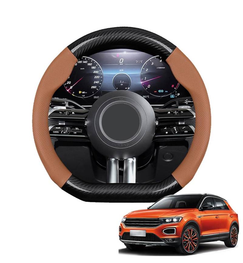 JCPQDWTD Auto Lenkradbezug D-Form für T-ROC 2017-2024 Kohlefaser und Mikrofaser PU Leder Lenkradhülle Atmungsaktiv Anti-Rutsch Sommer Winter Auto Zubehör Interieur(Light Brown) von JCPQDWTD