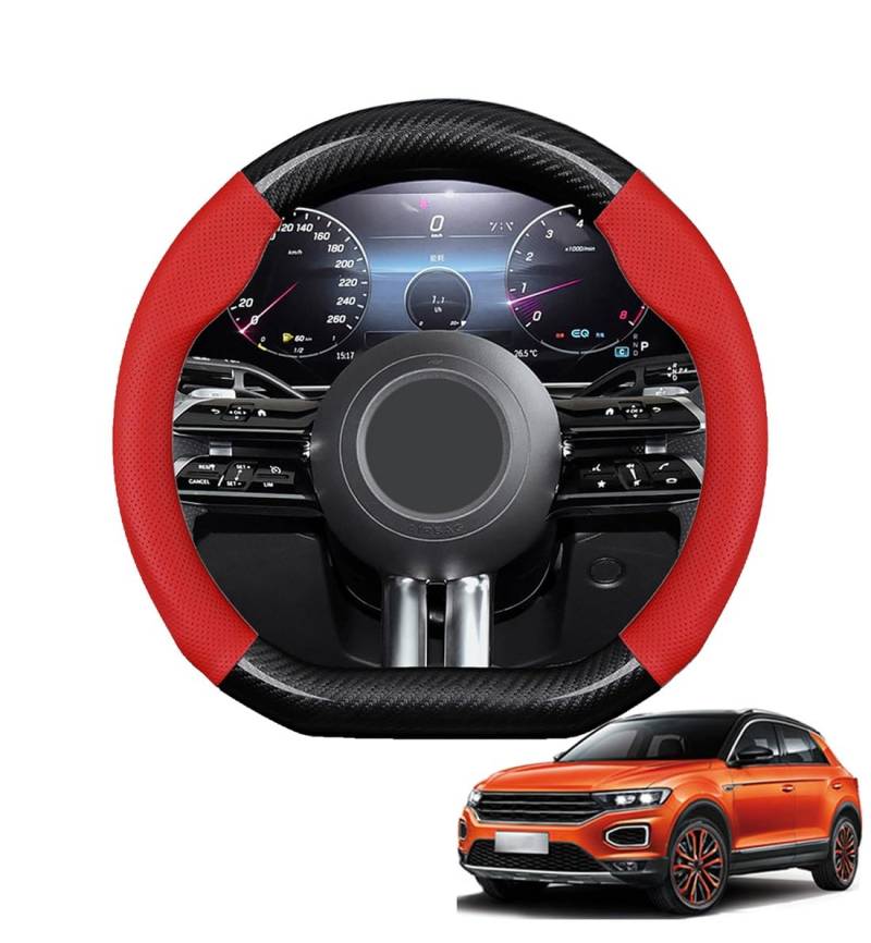 JCPQDWTD Auto Lenkradbezug D-Form für T-ROC 2017-2024 Kohlefaser und Mikrofaser PU Leder Lenkradhülle Atmungsaktiv Anti-Rutsch Sommer Winter Auto Zubehör Interieur(Red) von JCPQDWTD