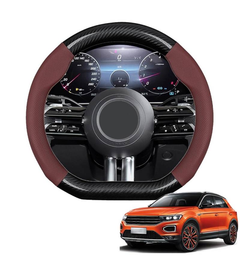 JCPQDWTD Auto Lenkradbezug D-Form für T-ROC 2017-2024 Kohlefaser und Mikrofaser PU Leder Lenkradhülle Atmungsaktiv Anti-Rutsch Sommer Winter Auto Zubehör Interieur(Wine red) von JCPQDWTD