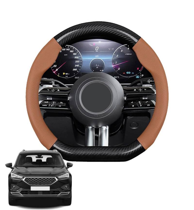 JCPQDWTD Auto Lenkradbezug D-Form für Tarraco 2018-2023 Kohlefaser und Mikrofaser PU Leder Lenkradhülle Atmungsaktiv Anti-Rutsch Sommer Winter Auto Zubehör Interieur(Light Brown) von JCPQDWTD