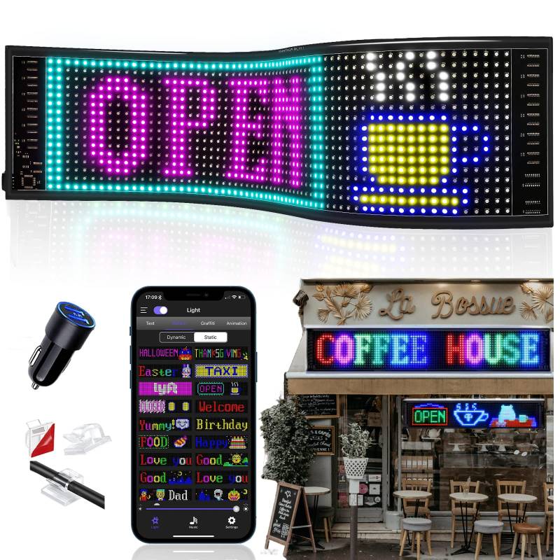 JDVOOTD Flexibler LED Anzeigetafel, 47.5 x 12cm Led Leuchtreklame, Bluetooth Smart App Led Schild für Text, Graffiti, Auto, Namensschild LKW, Bar, Werbetafel von JDVOOTD