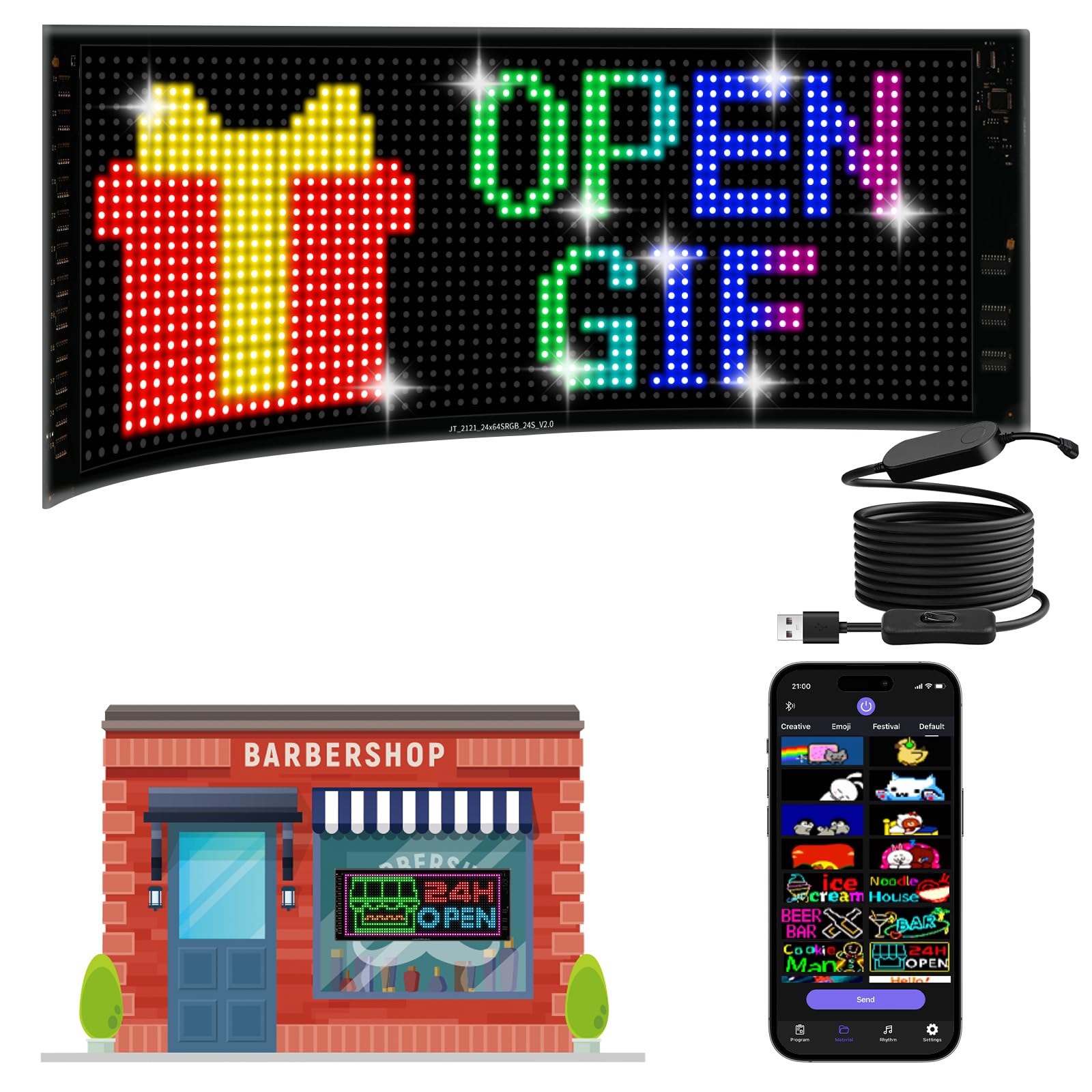 JDVOOTD Programmierbar LED Laufschrift Dislplay - 43 x16CM Flexible LED Anzeige Board - 5V/2A 5.0 Bluetooth APP Control LED Schild - Unterstützt Text/Uhr/Animation Display von JDVOOTD