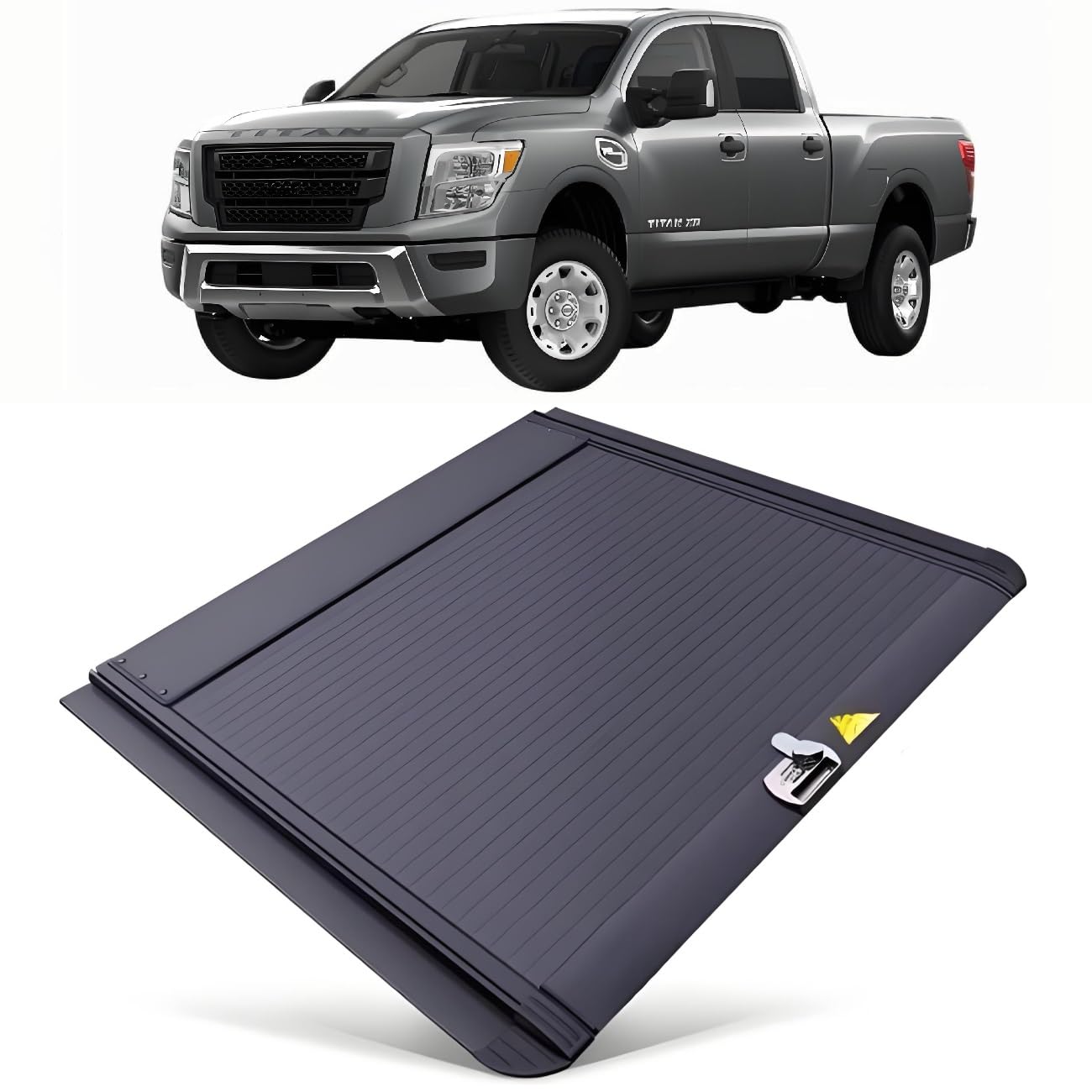 JEBNGX Einziehbare, harte Ladeflächenabdeckung, kompatibel mit Nissan TITAN & XD 2017 2018 2019 2020 2021 2022 2023 2024 2025, 6,7 Fuß (78,7 Zoll) Ladeflächenabdeckung mit Schloss, Pickup-Zubehör(Comb von JEBNGX