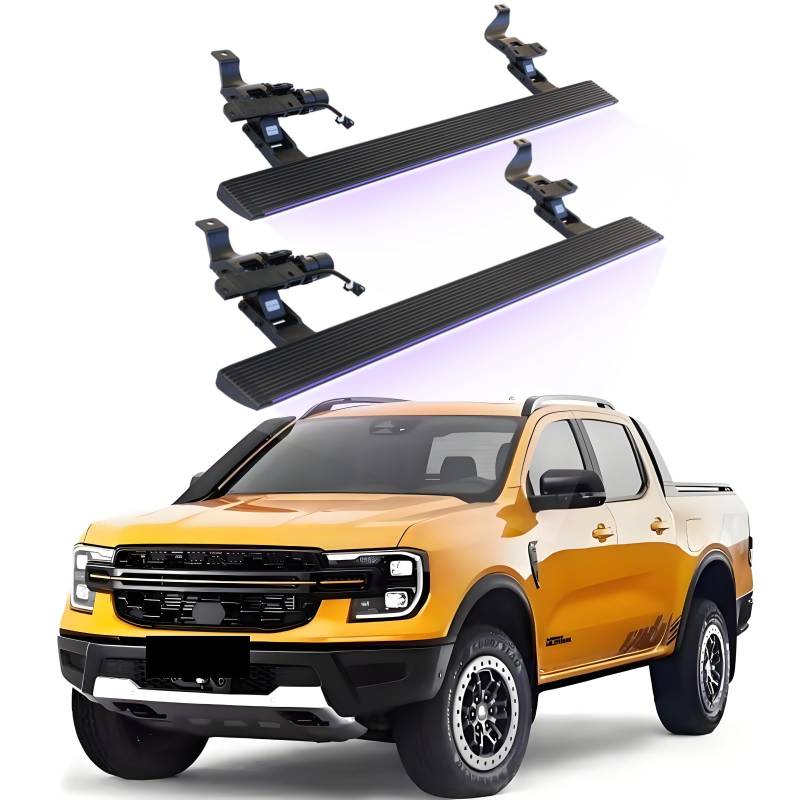JEBNGX Elektrisch einziehbare Trittbretter, kompatibel mit Ford Ranger Crew Cab 2022 2023 2024 2025, automatische Seitenstufen aus Aluminium, Schienen-Nerf-Bars, Zubehör(Wift Light) von JEBNGX