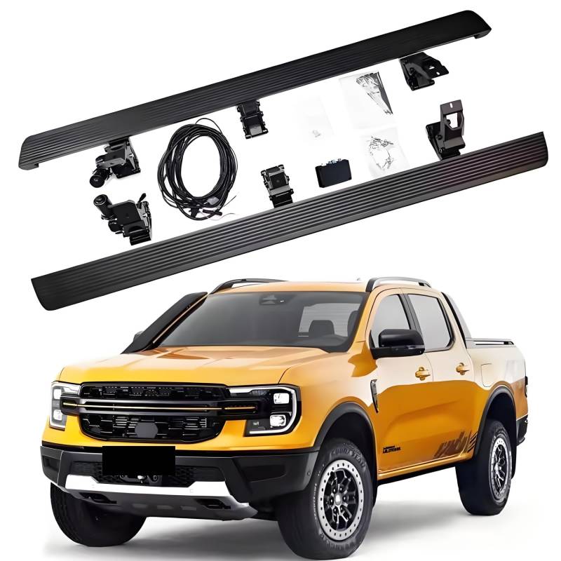 JEBNGX Elektrisch einziehbare Trittbretter, kompatibel mit Ford Ranger Crew Cab 2022 2023 2024 2025, automatische Seitenstufen aus Aluminium, Schienen-Nerf-Bars, Zubehör(Without Light) von JEBNGX
