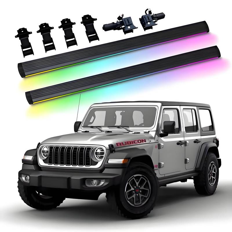 JEBNGX Elektrisch einziehbare Trittbretter, kompatibel mit Jeep Wrangler JL 4-Türer 2022 2023 2024 2025, automatische Seitenstufen aus Aluminium, Schienen-Nerf-Bars, Zubehör(Wift Light) von JEBNGX
