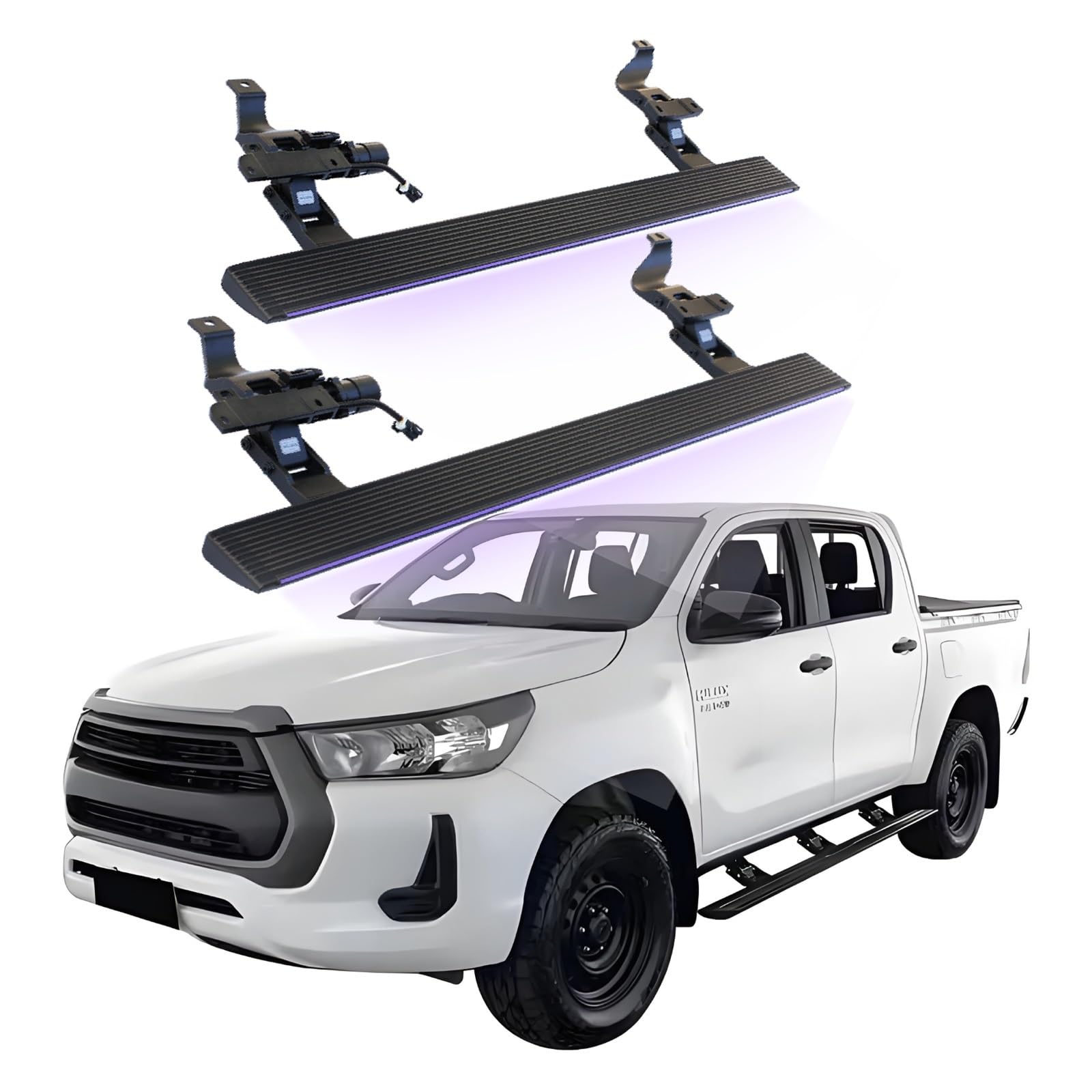JEBNGX Elektrisch einziehbare Trittbretter, kompatibel mit Toyota Hilux Rocco Crew Cab 2020 2021 2022 2023 2024, automatische Seitenstufen aus Aluminium, Schienen-Nerf-Bars, Zubehör(Wift Light) von JEBNGX
