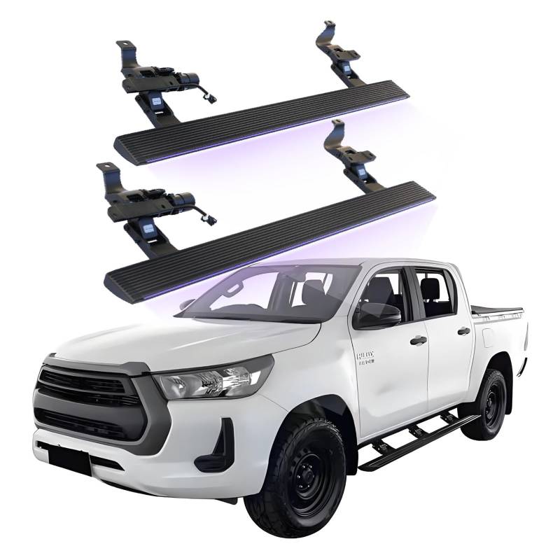 JEBNGX Elektrisch einziehbare Trittbretter, kompatibel mit Toyota Hilux Rocco Crew Cab 2020 2021 2022 2023 2024, automatische Seitenstufen aus Aluminium, Schienen-Nerf-Bars, Zubehör(Wift Light) von JEBNGX