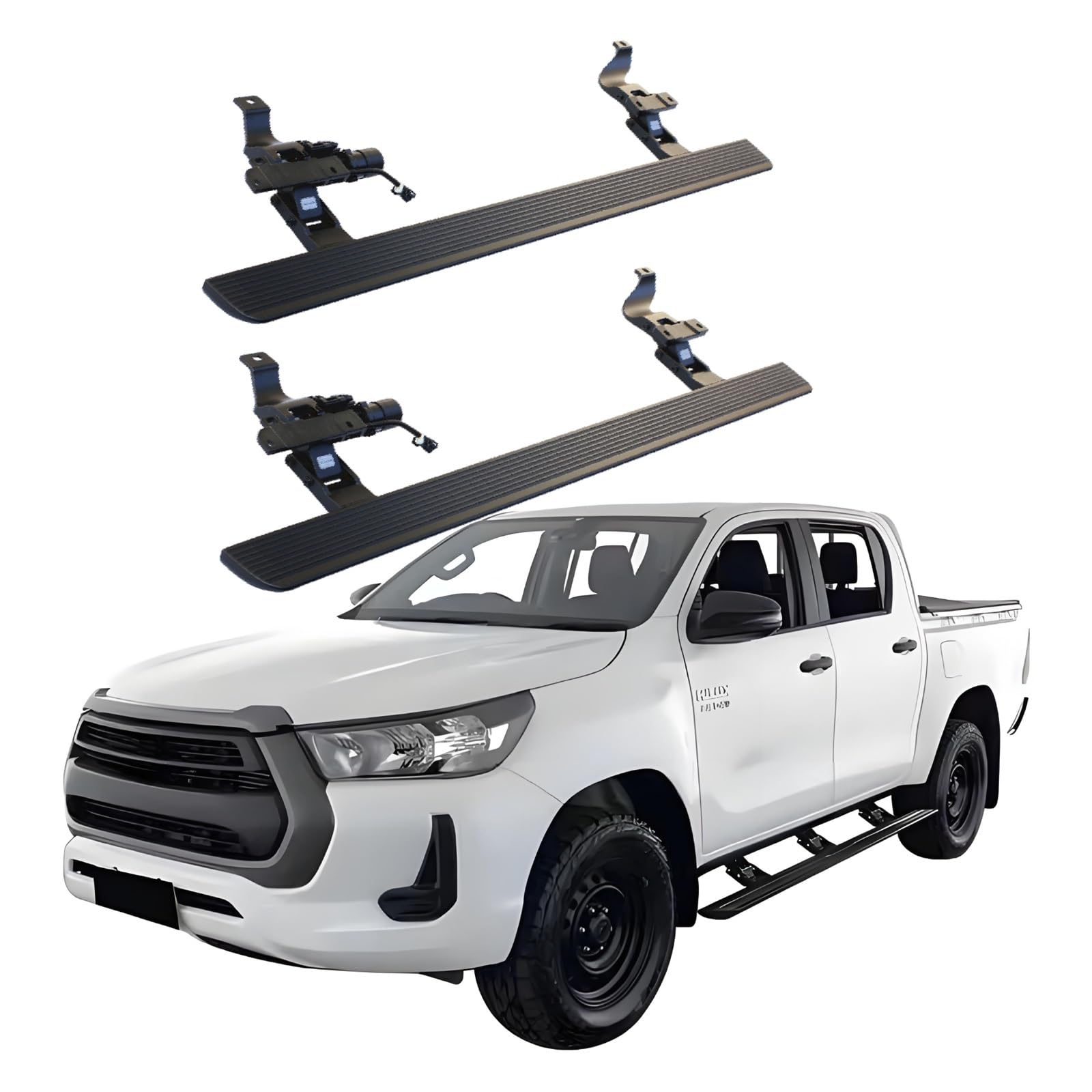 JEBNGX Elektrisch einziehbare Trittbretter, kompatibel mit Toyota Hilux Rocco Crew Cab 2020 2021 2022 2023 2024, automatische Seitenstufen aus Aluminium, Schienen-Nerf-Bars, Zubehör(Without Light) von JEBNGX