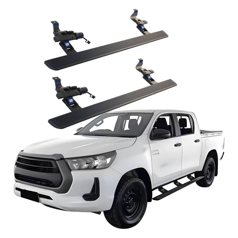 JEBNGX Elektrisch einziehbare Trittbretter, kompatibel mit Toyota Hilux Rocco Crew Cab 2020 2021 2022 2023 2024, automatische Seitenstufen aus Aluminium, Schienen-Nerf-Bars, Zubehör(Without Light) von JEBNGX