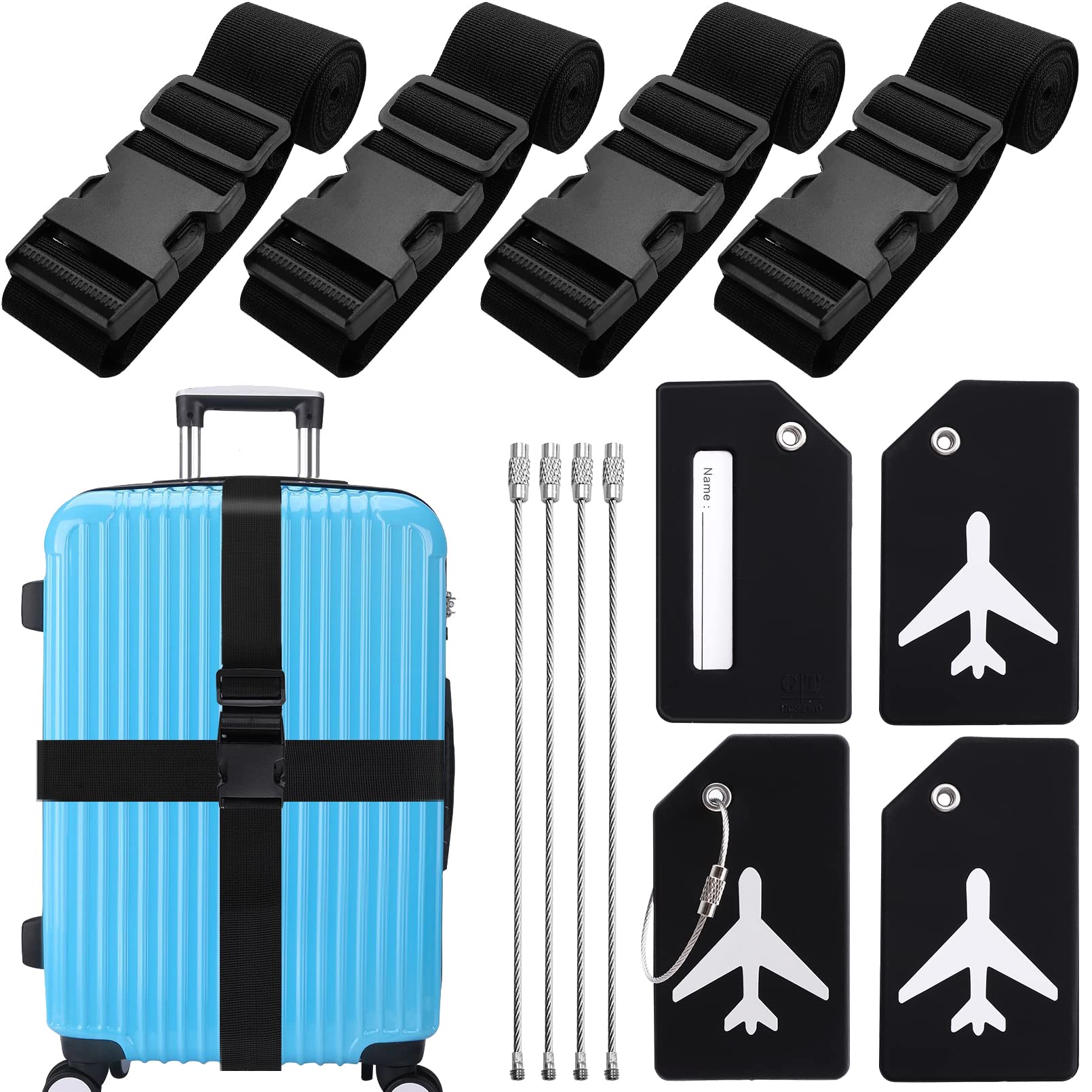 Koffergurt Kofferband Set,4 Stück Einstellbare Gepäckgurt Gepäckband Sicher Reisen,4 Silikon Kofferanhänger Gepäckanhänger mit Adressschild,Kofferband Gurt,Kofferbänder Luggage Strap (Schwarz) von JEFFOUOO