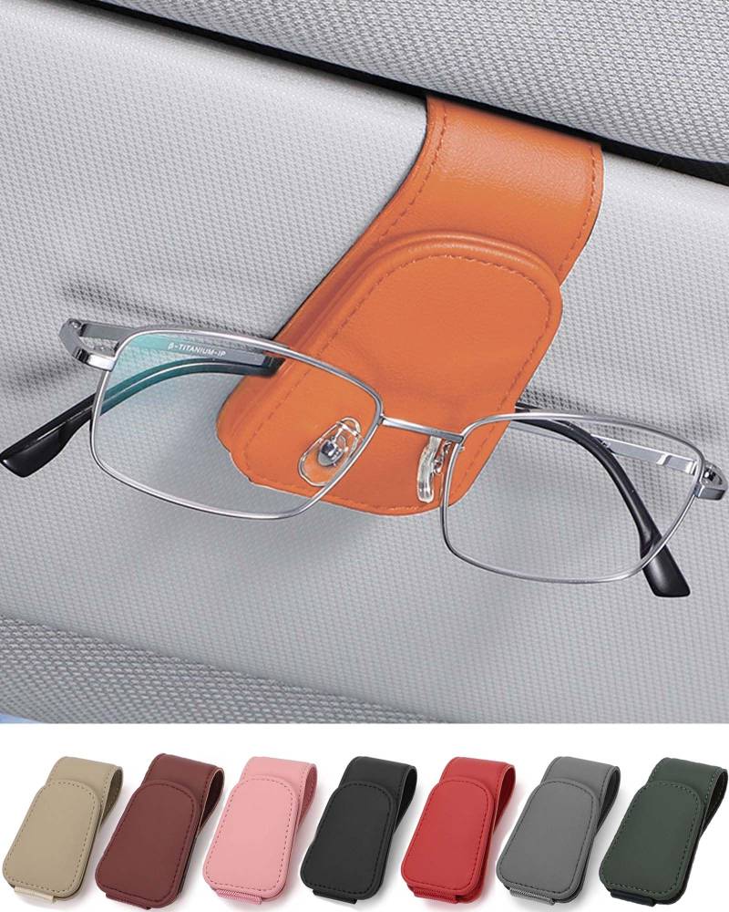 JEJA Brillenhalter für Auto Sonnenblende, Leder Sonnenbrillen Halterung für Auto Visier Zubehör, Ticket-Kartenclip, orange von JEJA