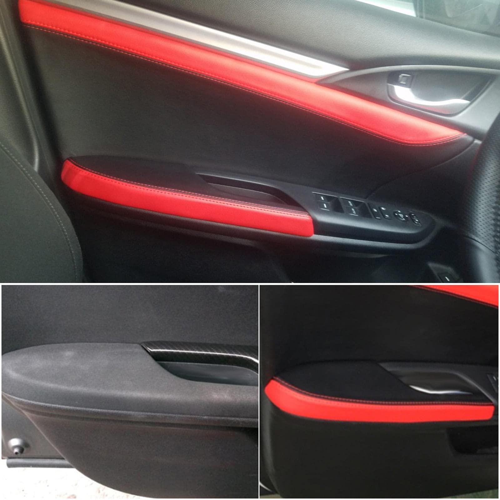 JEZOE 4 Stück Türverkleidungen aus weichem Leder, schwarz mit rotem Lederspleiß, passend für Honda Civic 10. Gen 2016 2017 von JEZOE