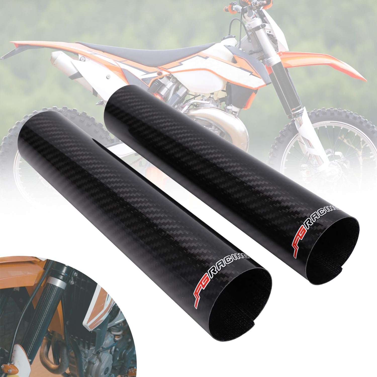 JFG RACING 250 mm Motorrad Vorderradgabel Abdeckung,1 Paar Motorrad Gabelabdeckung Kohlefaser,Verstellbarer Stoßdämpfer Gabelschuetzer Universell für Dirt Bike On/Off Road von JFG RACING