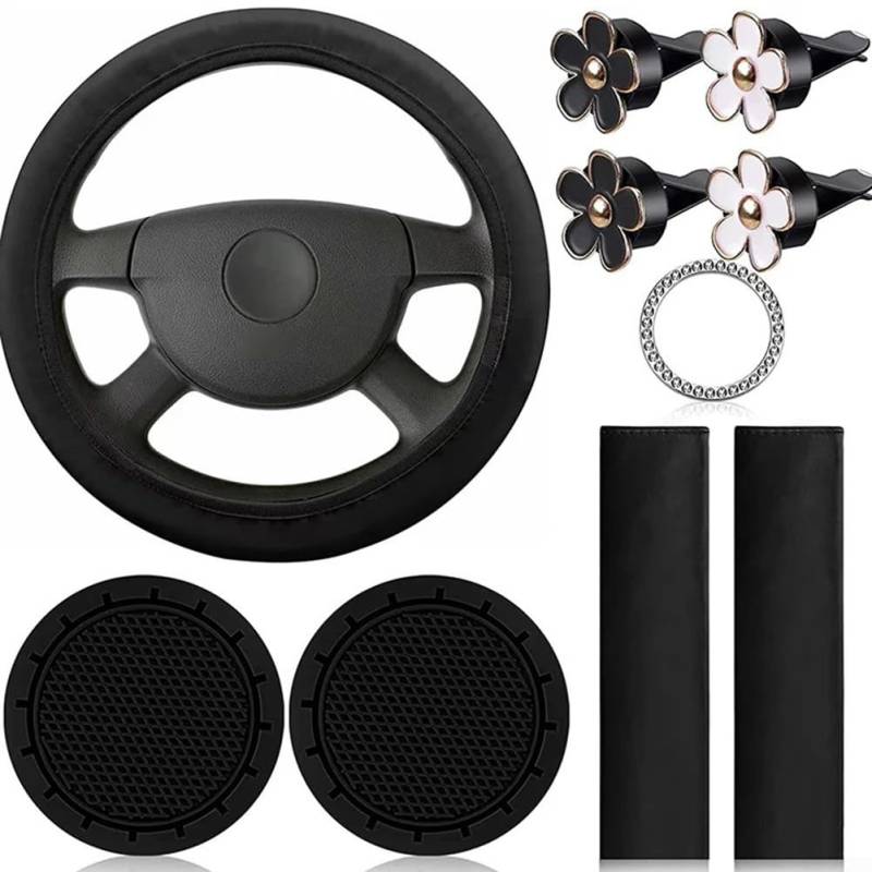 Praktisches Autozubehör für Damen, 10-teiliges Set mit Lenkradbezug, bequemen Sicherheitsgurtabdeckungen und Halterungen (schwarz) von JGmotorfi