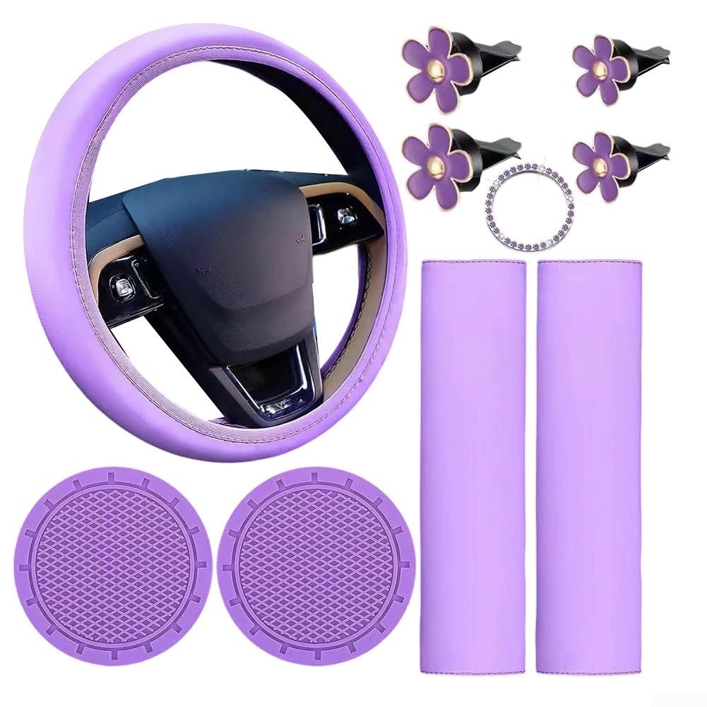 Praktisches Autozubehör für Damen, 10-teiliges Set mit Lenkradbezug, bequemen Sicherheitsgurtbezügen und Halterungen (lila) von JGmotorfi