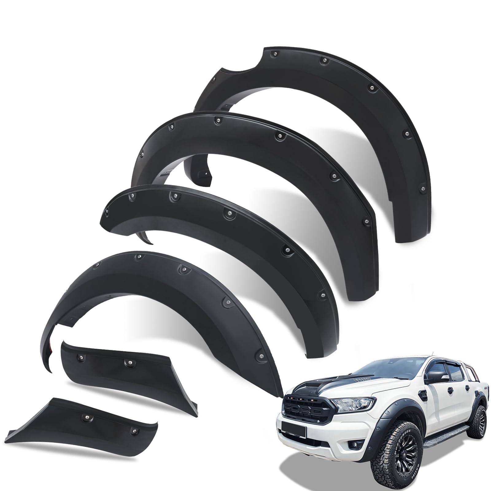 JHCHAN 6" Fender Flares Kotflügelverbreiterung für Ford Ranger 2015-2022 T7 T8 OHNE PDC, Extra Breit Radkastenverlängerung und Schmutzfänger, Anschrauboptik (genietet) von JHCHAN