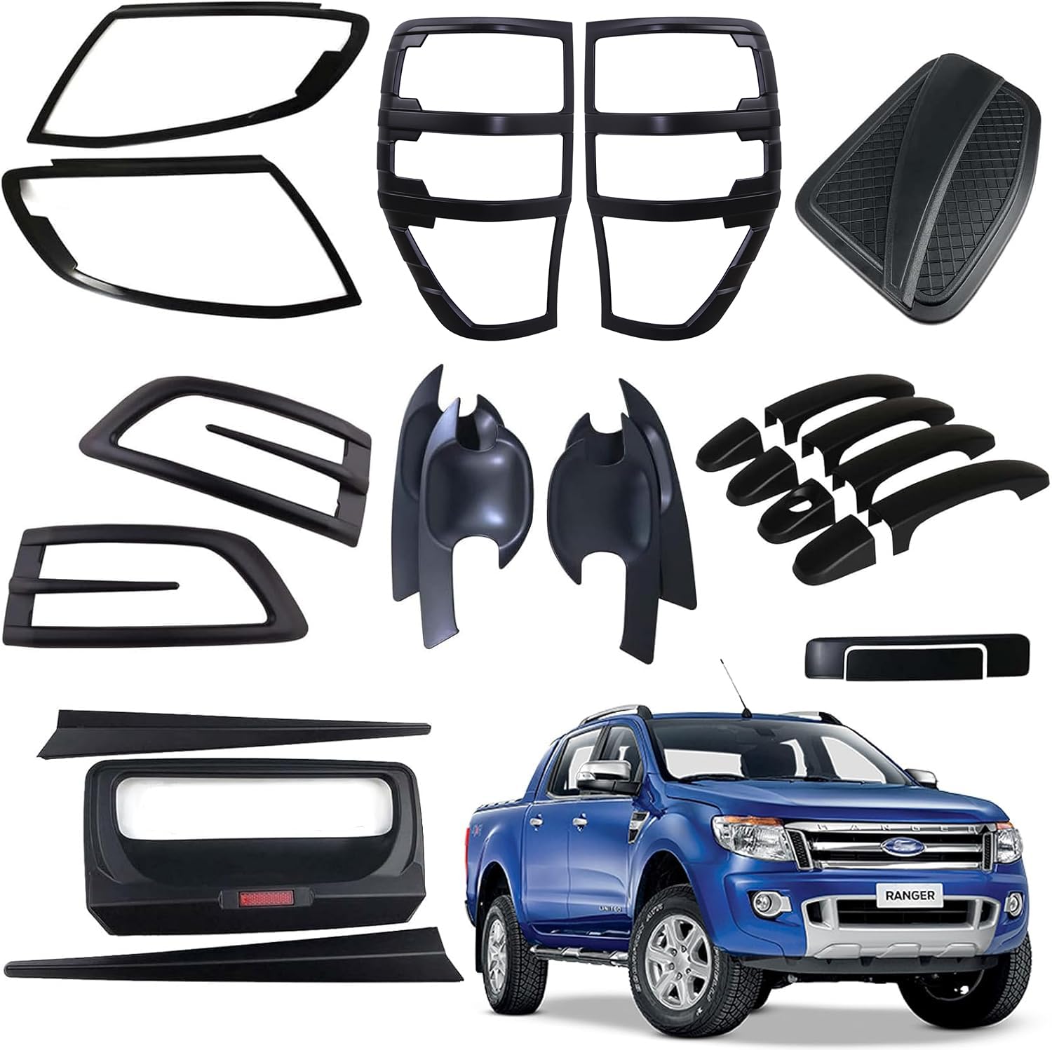 JHCHAN Scheinwerfer und Rücklichtabdeckung für Ford Ranger 2012-2014 Wildtrak XL XLT Limited Tremor Karosserie-Kits Tuning Zubehör ABS Matt Schwarz von JHCHAN