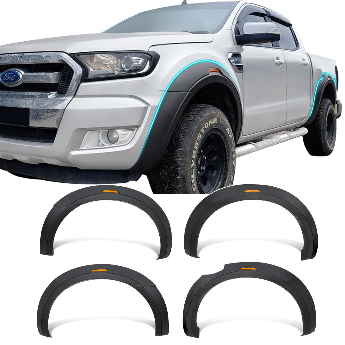 JHCHAN Kotflügelverbreiterung 5 Zoll Fender Flares für Ford Ranger Doppelkabine T7 T8 2015-2022 Ohne PDC, Extra Breit 5" Radkastenverlängerung und Schmutzfänger mit Reflektor 6pcs von JHCHAN