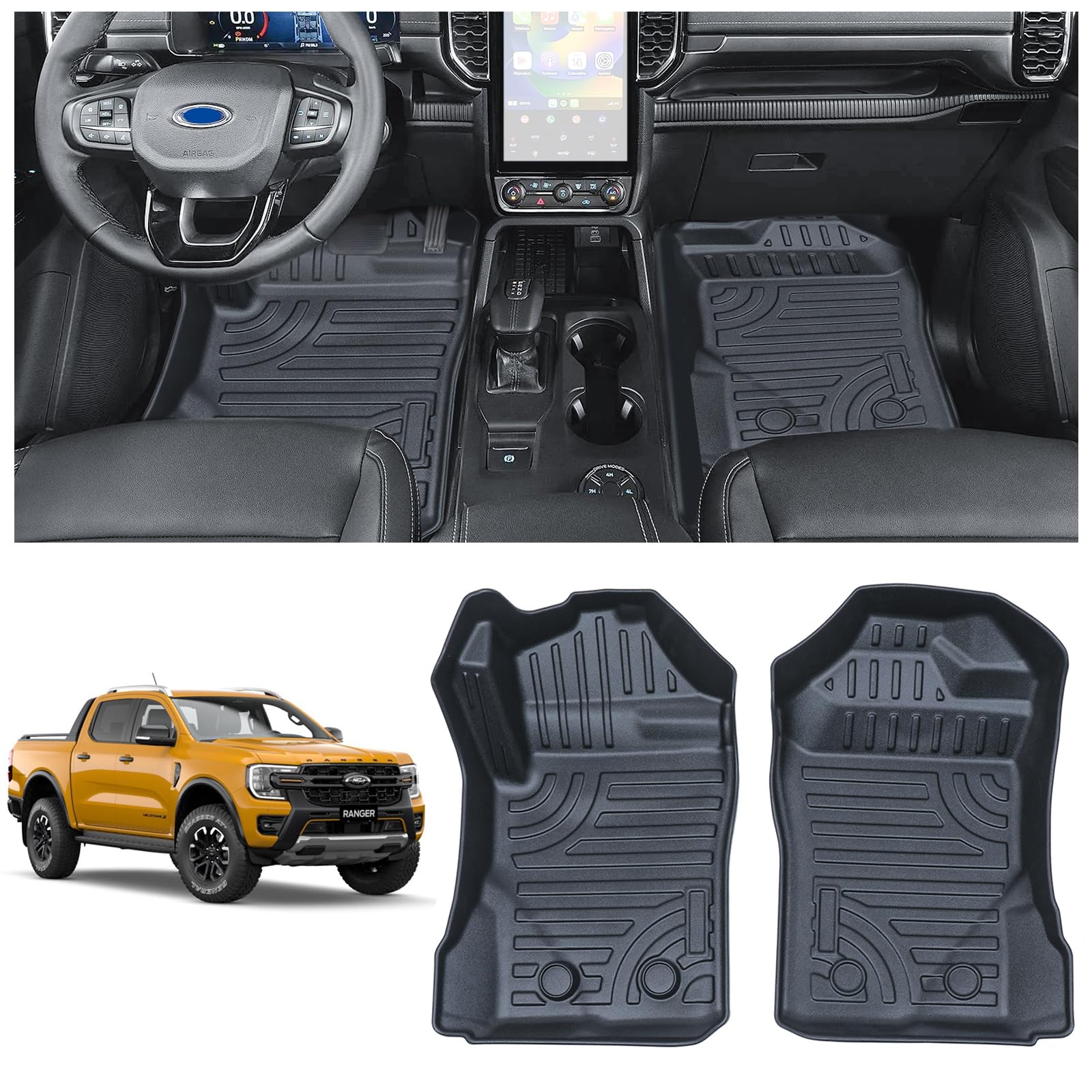 JHCHAN Fußmatten 2-teilig für Ford Ranger Fahrer und Beifahrer 2023-2024 T9 Raptor Wildtrak XL XLT Tremor Limited Platinum, TPE Wasserdicht Automatten von JHCHAN