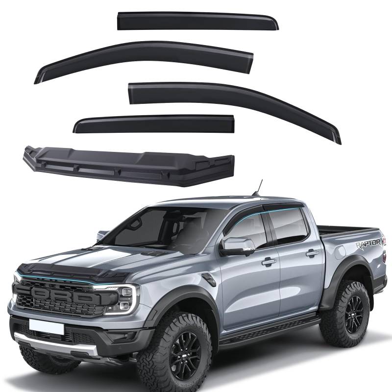 JHCHAN Steinschlagschutz und Windabweiser Zubehör für Ford Ranger 2023-2024-2025 T9 Wildtrak Raptor Platinum XL XLT Limited Tremor Wildtrak X(Motorhaubenschutz +Winddeflektoren) von JHCHAN