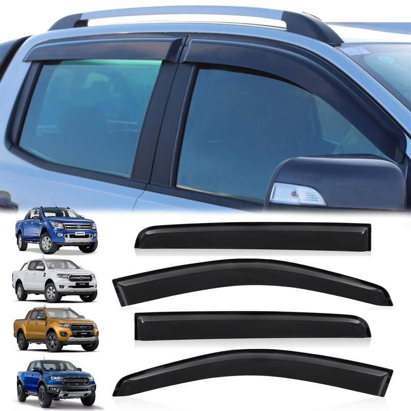 JHCHAN Windabweiser Regenabweiser Schwarz für Ford Ranger 2012-2022 Wildtrak T6 T7 T8 Raptor XL XLT Limited Tremor Platinum Doppelkabine Acryl Getönt Set 4-Teilig von JHCHAN