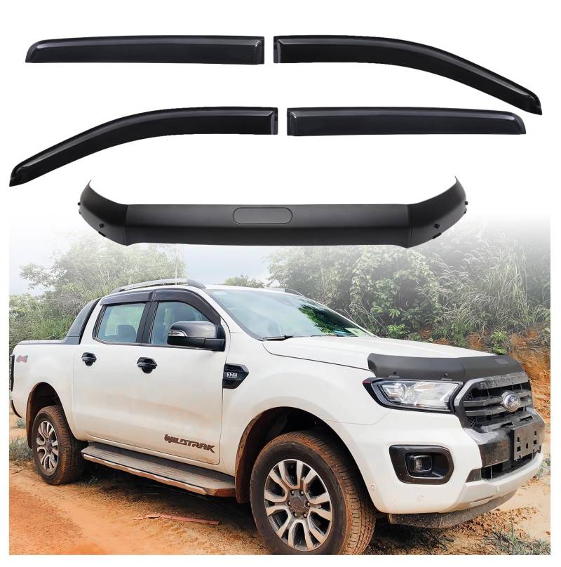 JHCHAN Motorhaube Deflektor Insekten und Windabweiser kompatibel mit Ford Ranger Wildtrak 2015-2022 T7 T8 Raptor XL XLT Limited Tremor Wildtrak X Platinum(Winddeflektoren+Motorhaube Deflektor) von JHCHAN