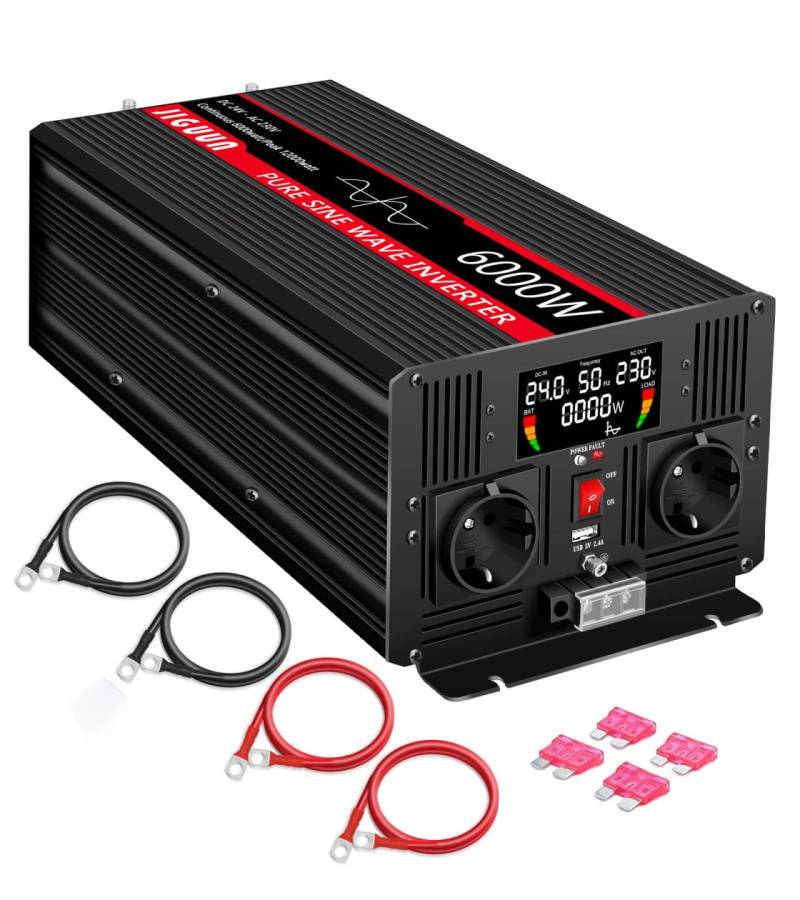 JIGUUN 6000W 12000W Wechselrichter 24V auf 230V Reiner Sinus Spannungswandler mit LCD-Anzeige,AKabellose Fernbedienung,2 EU Steckdosen,1 USB,Geeignet für Wohnmobil,Camper,LKW,Kfz Konverter von JIGUUN