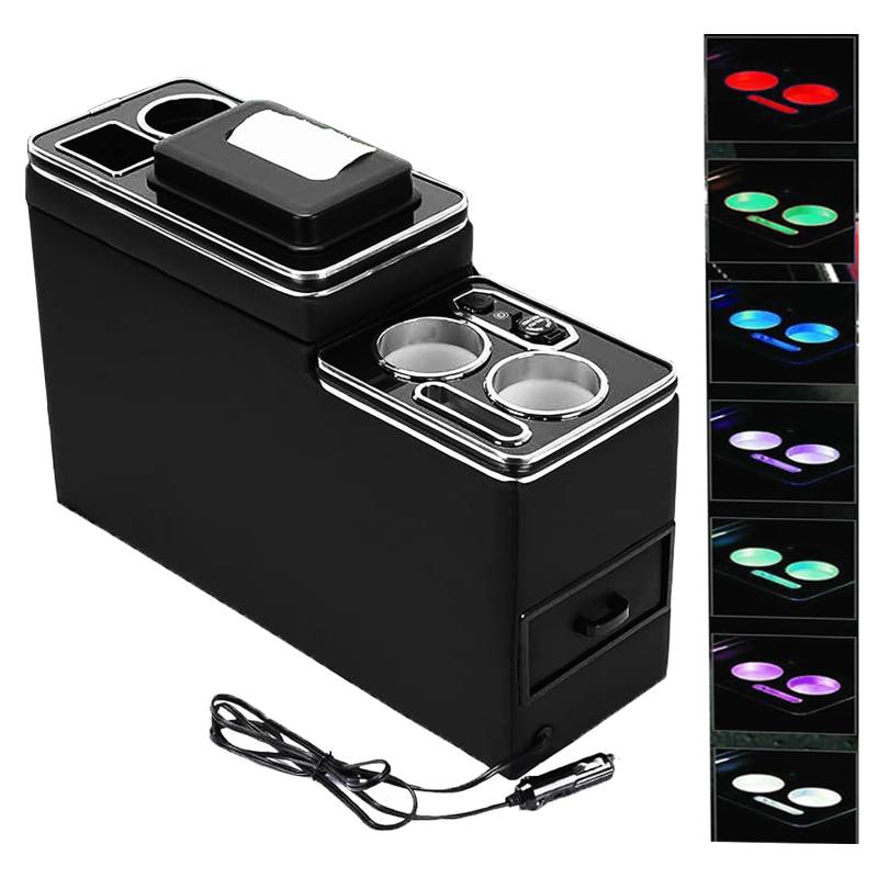 JINBZZON Mittelkonsole mit 7 Farben LED-Leuchten und USB Aufladestation Kompatibel mit VW T4 T5 T6 T7 T6.1 2003-2019, Acrylplatte Armlehne Aufbewahrungsbox Glanz Leder Zubehör, Schwarz von JINBZZON