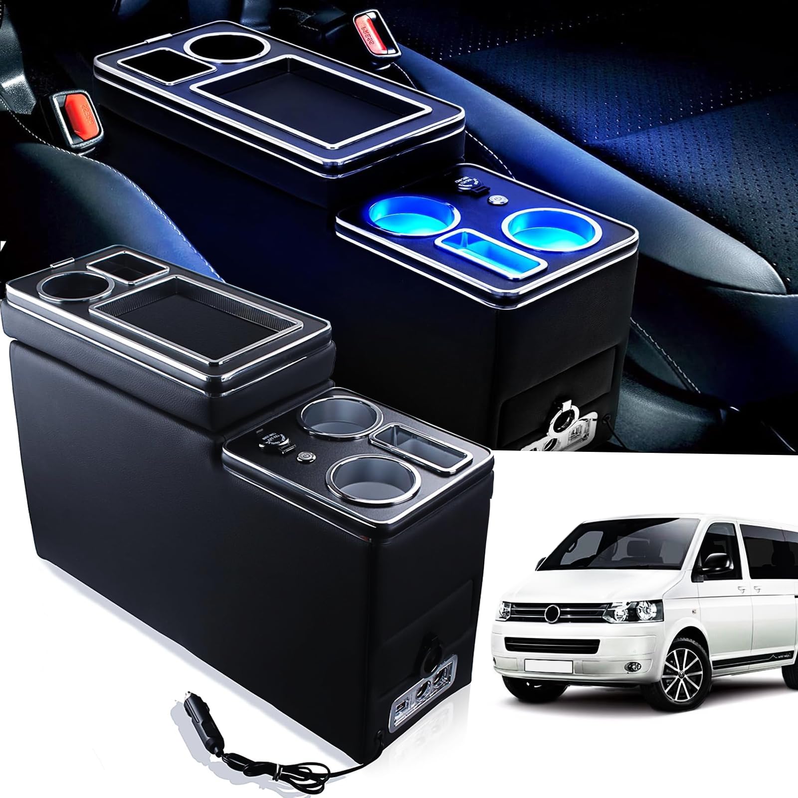 JINBZZON Mittelkonsole mit Ablagen Staufach kompatibel mit VW T4 T5 T6 T6.1 T7 2003-2019, Leder Zubehör mit USB, Blu LED-Leuchten und Zigarettenanzünder, Schwarz JINBZZON Mittelkonsole mit Ablagen Staufach kompatibel mit VW T4 T5 T6 T6.1 T7 2003-2019, Leder Zubehör mit USB, Blu LED-Leuchten und Zigarettenanzünder, Schwarz von JINBZZON