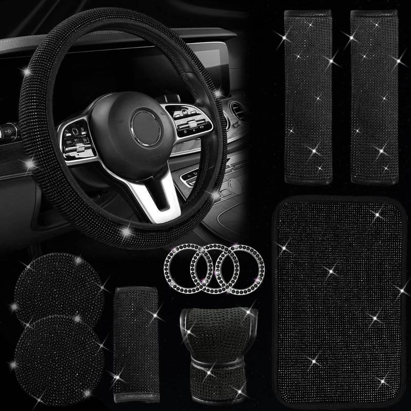 JINGSEN 11-teiliges Bling Autozubehör-Set, Bling Autozubehör-Set für Frauen, Bling Lenkradbezug für Frauen, universelle Passform, 38,1 cm, Strass Mittelkonsole Abdeckung (schwarz) von JINGSEN