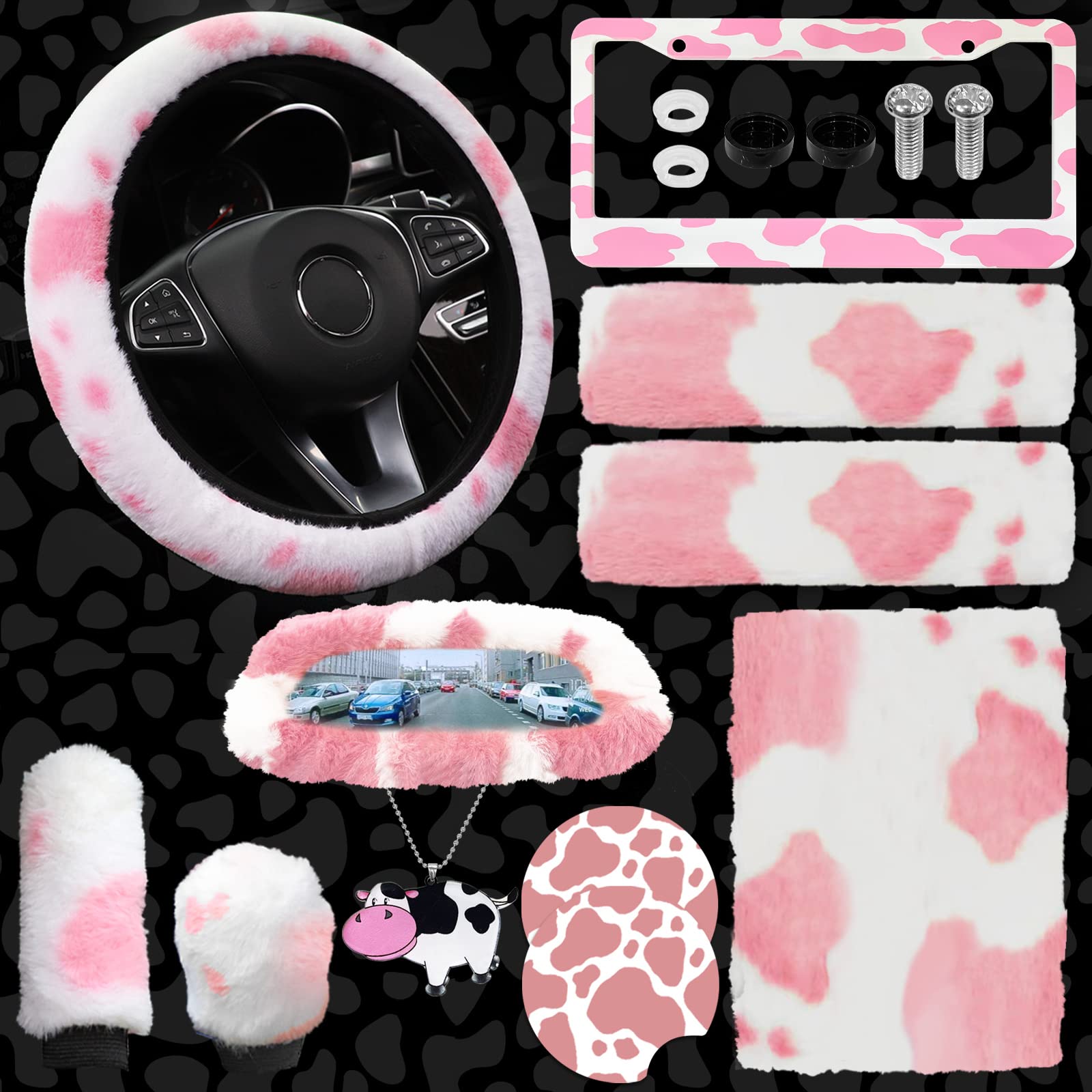 JINGSEN 11-teiliges Flauschiges Autozubehör-Set, Flauschiges Kuh-Druck, Plüsch-Lenkradbezüge für Frauen, weiches Fleece, Handbremsabdeckung, Autoverkleidung, warme rutschfeste Auto-Dekoration (Rosa) JINGSEN 11-teiliges Flauschiges Autozubehör-Set, Flauschiges Kuh-Druck, Plüsch-Lenkradbezüge für Frauen, weiches Fleece, Handbremsabdeckung, Autoverkleidung, warme rutschfeste Auto-Dekoration (Rosa) von JINGSEN