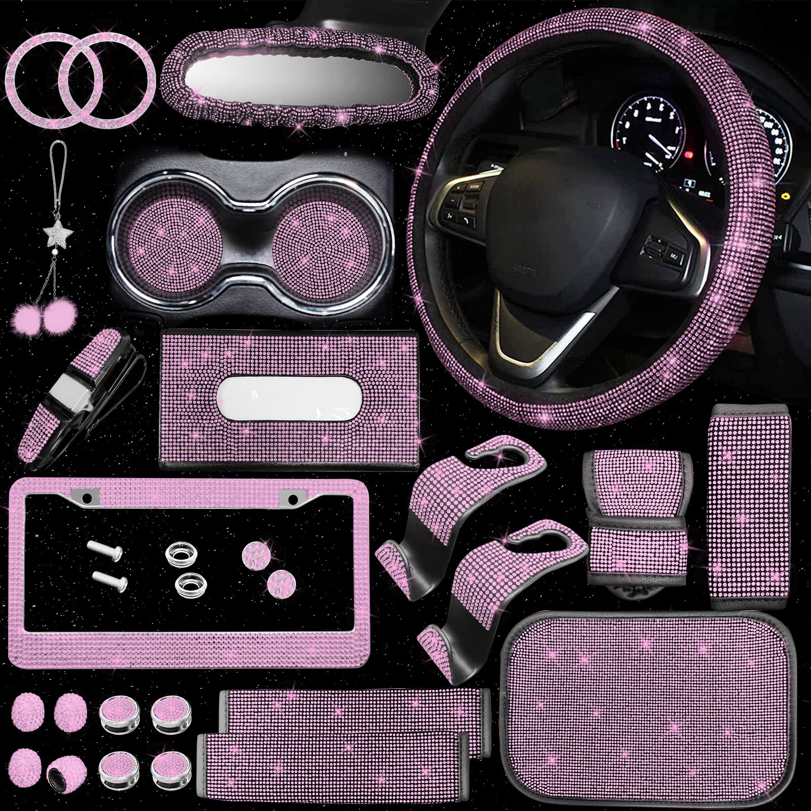 JINGSEN 25-teiliges glitzerndes Autoteil-Set, weiblicher Stecker, universal, 38,1 cm, glänzender Nummernschildrahmen, Mittelkonsolenabdeckung und Rückspiegel-Set und anderes Autozubehör (Rosa) von JINGSEN