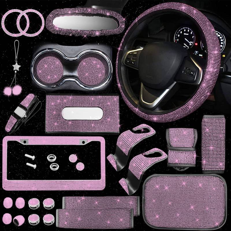 JINGSEN 25-teiliges glitzerndes Autoteil-Set, weiblicher Stecker, universal, 38,1 cm, glänzender Nummernschildrahmen, Mittelkonsolenabdeckung und Rückspiegel-Set und anderes Autozubehör (Rosa) von JINGSEN