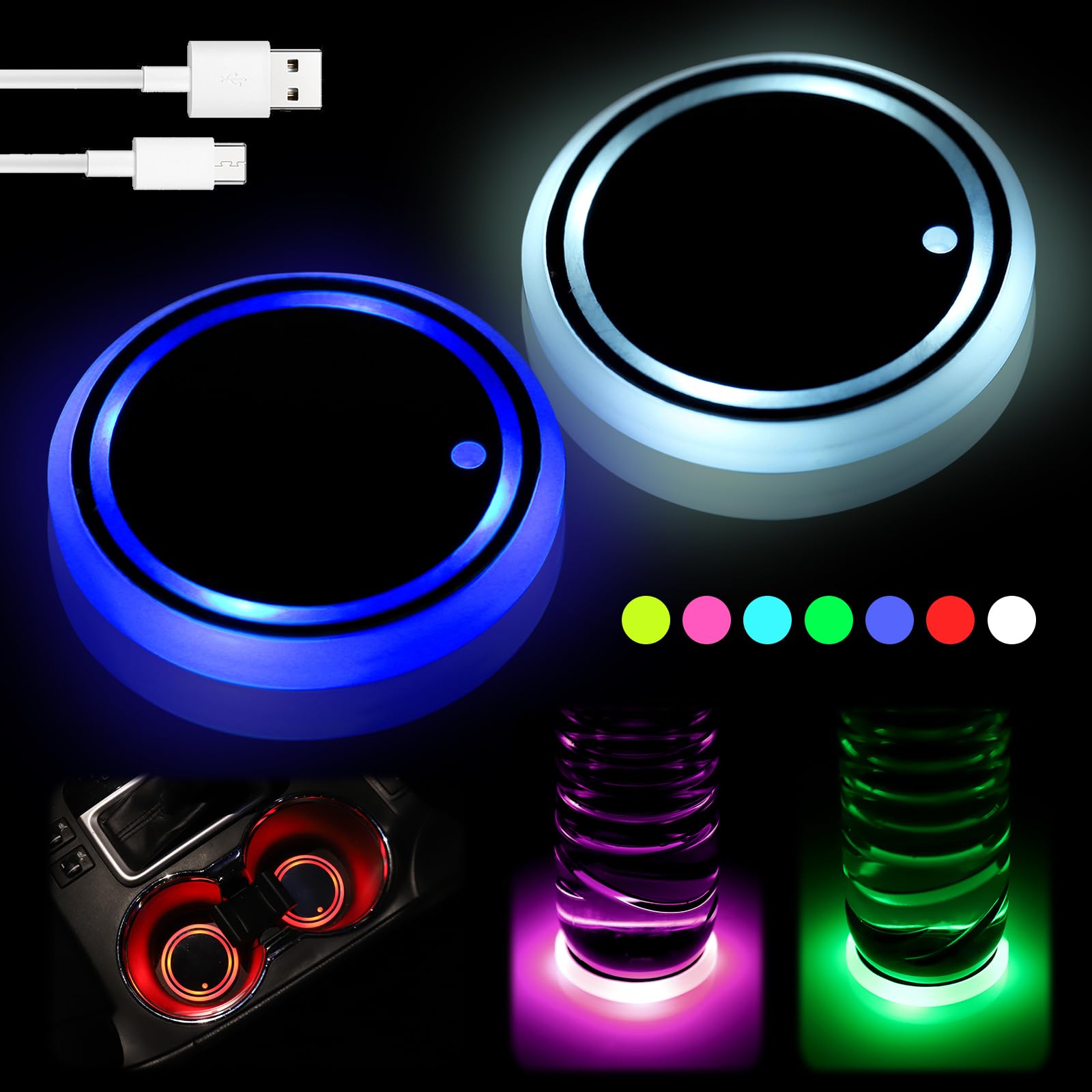 JIZZU LED Auto Untersetzer, 2 Stück LED Becherhalter Lichter, Intelligenter Licht Untersetzer, Universelle LED Getränkehalterleuchten, 7 Farben Luminescent, USB Getränkehalter Licht von JIZZU