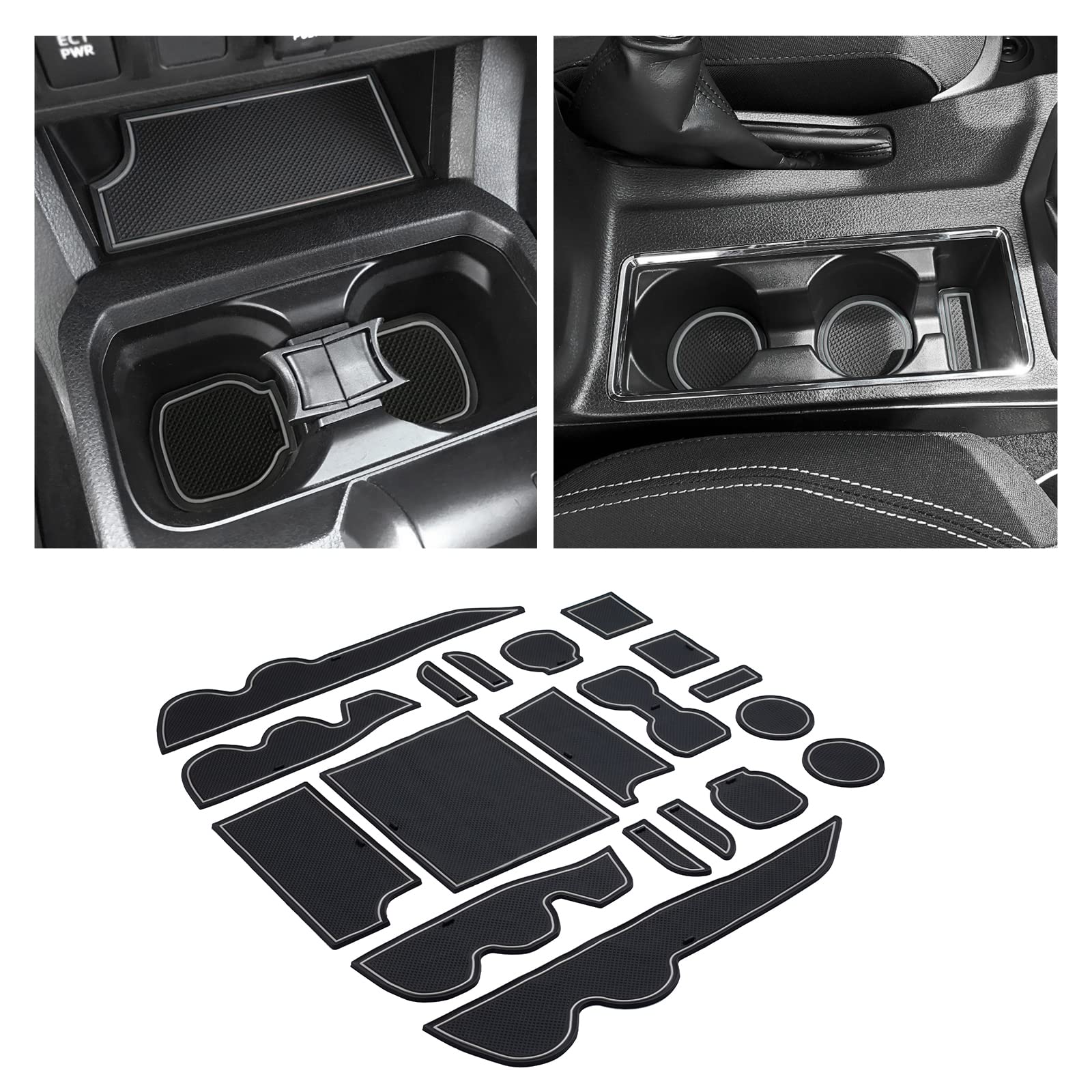 JKCOVER Premium Custom Liner Matte Zubehör kompatibel mit Tacoma 2016 2017 2018 2019 2020 2021, Becherhalter, Türtasche und Mittelkonsole Einsätze, 19 Stück (Doppelkabine mit grauem Rand) von JKCOVER