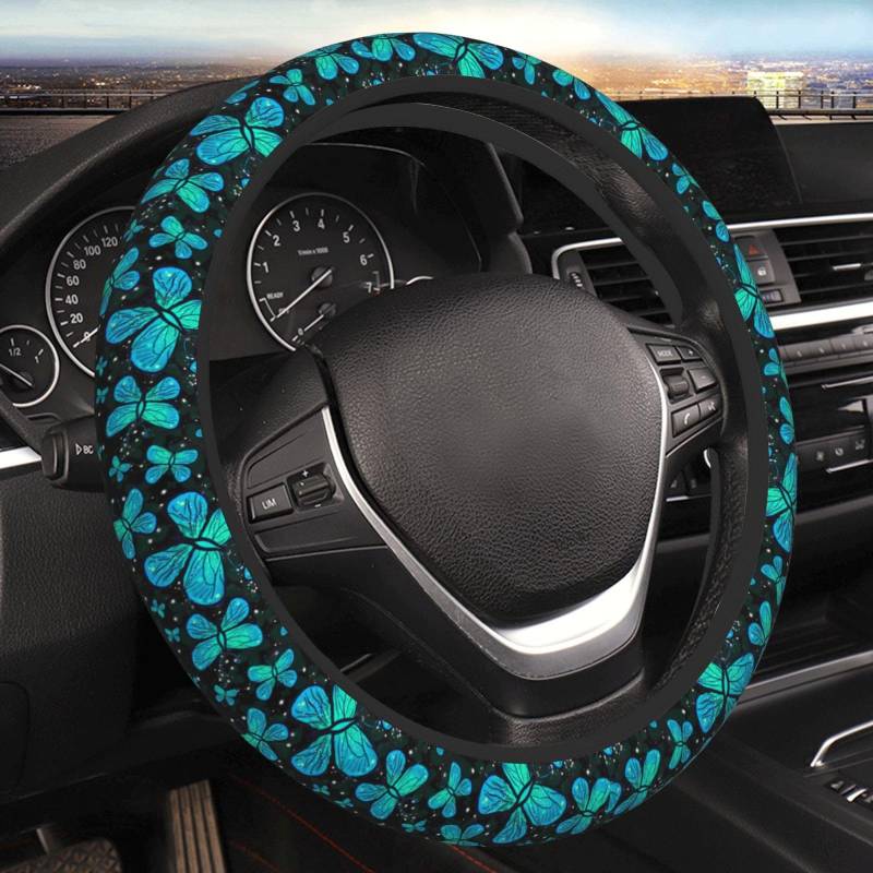 Lenkradbezug Schmetterling Türkis Grün für Damen Herren Mädchen Auto Zubehör Dekor Anti-Rutsch Neopren Auto Lenkradabdeckungen Protector Universal 15 Zoll von JKJOJIA
