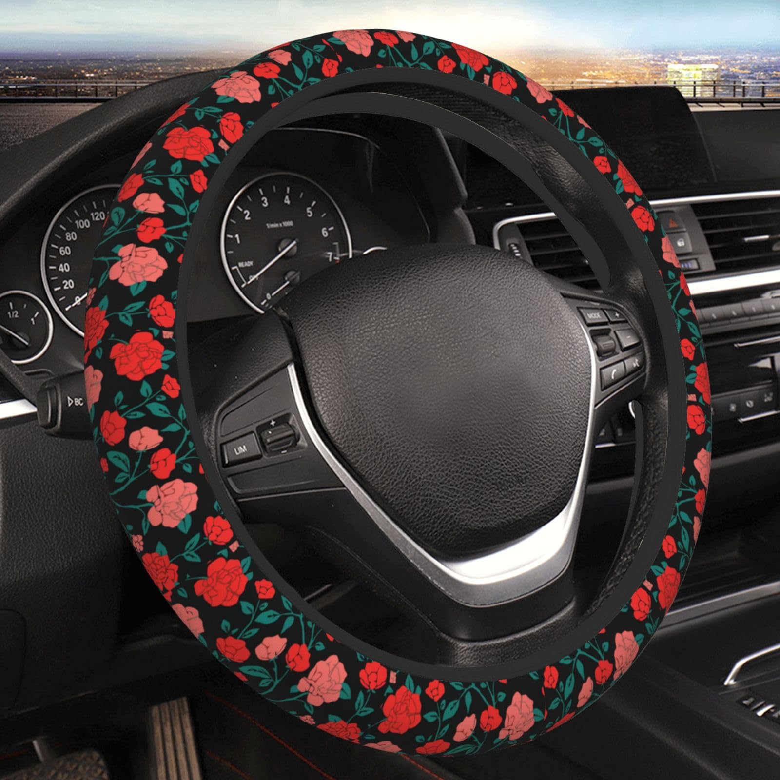 Rote Rose Blume Grün Blätter Lenkradbezug für Frauen Männer Mädchen Auto Zubehör Dekor Anti-Rutsch Neopren Auto Lenkradabdeckungen Protector Universal 15 Zoll Rote Rose Blume Grün Blätter Lenkradbezug für Frauen Männer Mädchen Auto Zubehör Dekor Anti-Rutsch Neopren Auto Lenkradabdeckungen Protector Universal 15 Zoll von JKJOJIA