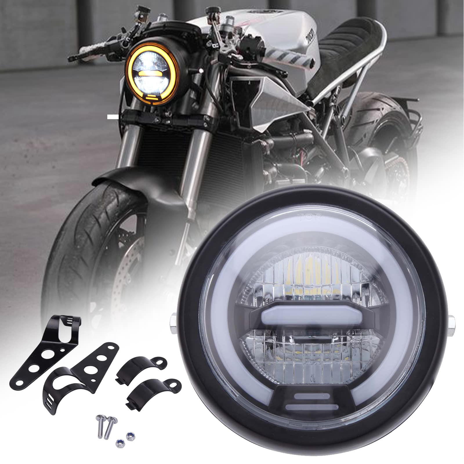 JMTBNO 6.5" Motorrad LED Frontscheinwerfer Schwarz 12V Universal Scheinwerfer Gelbe Halo Lauflicht mit Halterung Kompatibel mit Honda Yamaha Suzuki Harley Cruiser Bobber Chopper Cafe Racer Retro JMTBNO 6.5" Motorrad LED Frontscheinwerfer Schwarz 12V Universal Scheinwerfer Gelbe Halo Lauflicht mit Halterung Kompatibel mit Honda Yamaha Suzuki Harley Cruiser Bobber Chopper Cafe Racer Retro von JMTBNO