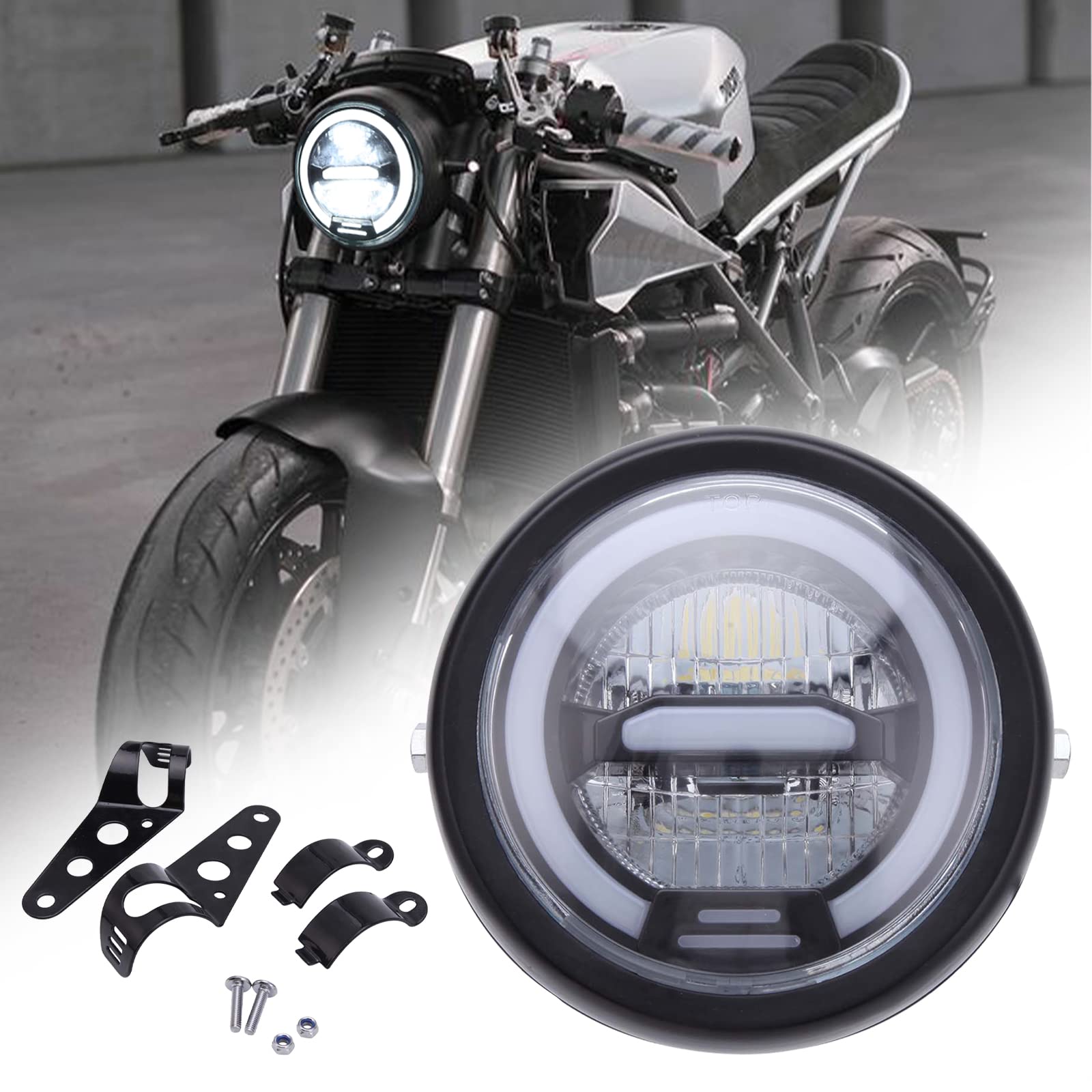 JMTBNO 6.5" Motorrad LED Frontscheinwerfer Schwarz 12V Universal Scheinwerfer Weißes Halo Lauflicht mit Halterung Kompatibel mit Honda Yamaha Suzuki Harley Cruiser Bobber Chopper Cafe Racer Retro JMTBNO 6.5" Motorrad LED Frontscheinwerfer Schwarz 12V Universal Scheinwerfer Weißes Halo Lauflicht mit Halterung Kompatibel mit Honda Yamaha Suzuki Harley Cruiser Bobber Chopper Cafe Racer Retro von JMTBNO